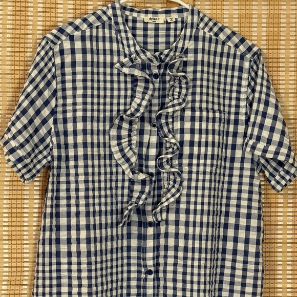 Dylan Womens L Top Blue White Gingham Checkered Button Up Western Cottagecore - Picture 2 of 8
